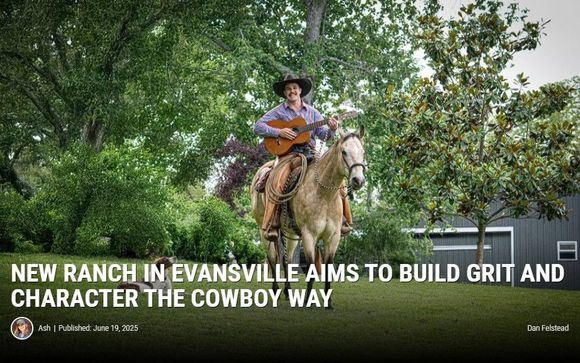 Cowboy on horseback playing guitar in Evansville, surrounded by greenery.