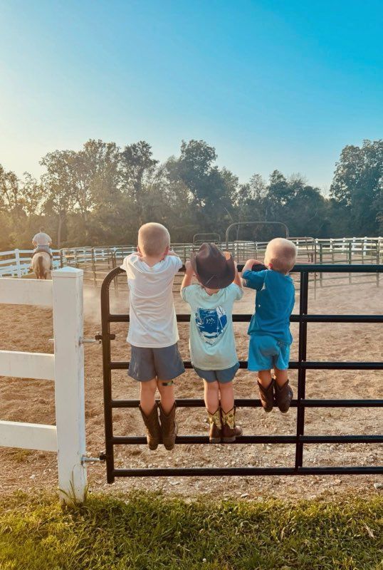 Three young children in cowboy boots perched on a fence, looking at a farm field.