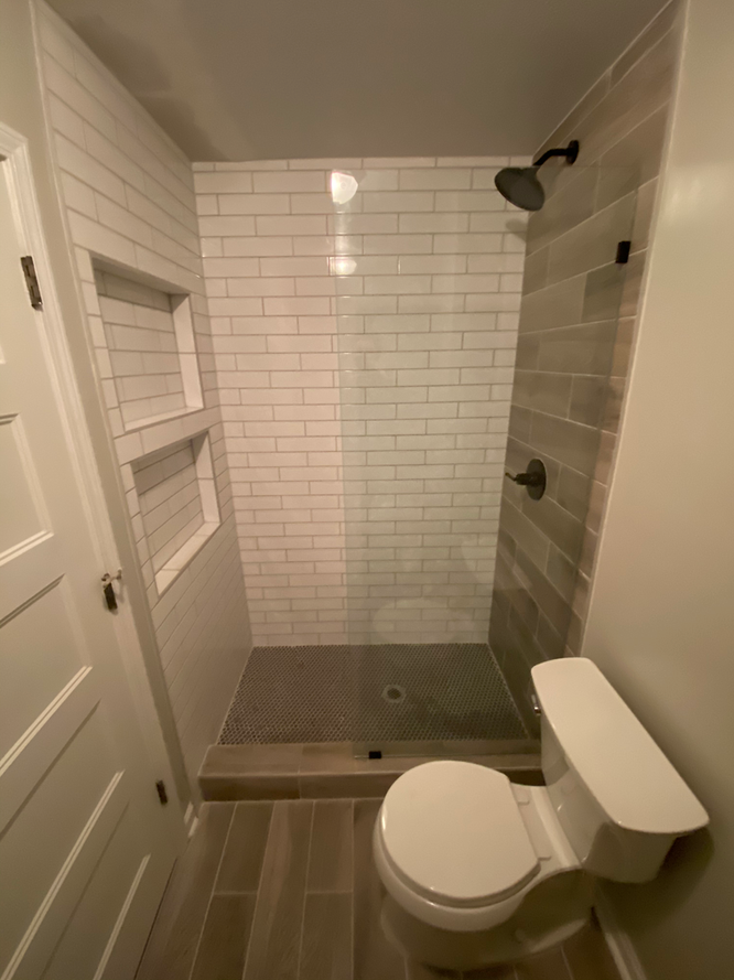 A bathroom with a toilet and a walk in shower.