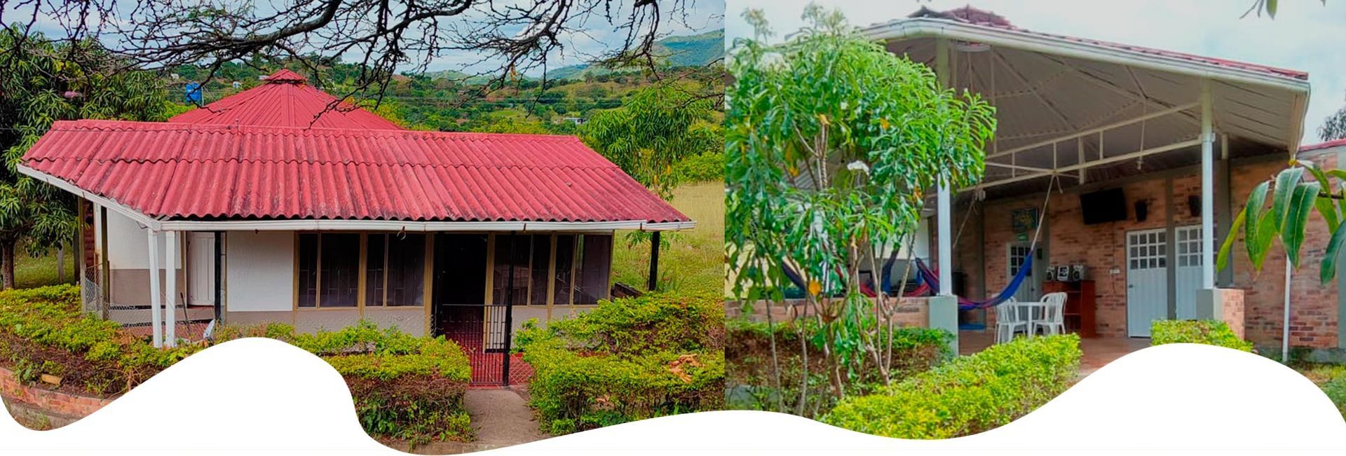 Dos edificios con techos rojos y follaje verde al frente.