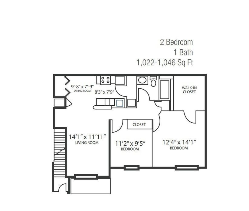 2-bedroom, 1-bath floor plan with living room, kitchen, dining area, and two bedrooms, 1,022–1,045 sq ft