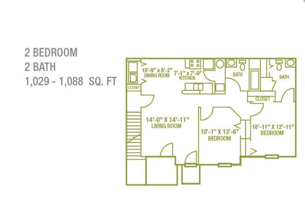 2-bedroom, 2-bath apartment floor plan, 1,029–1,068 sq. ft.