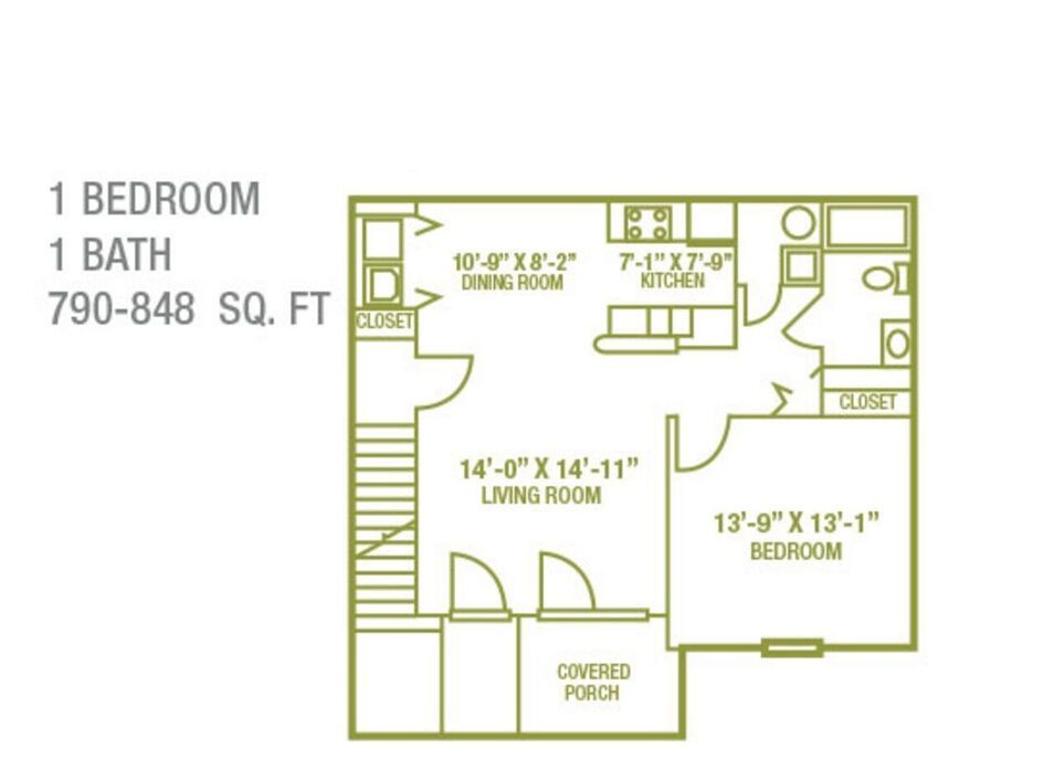 Apartment floor plan showing 1 bedroom, 1 bath, living room, kitchen, dining, closet, and covered porch