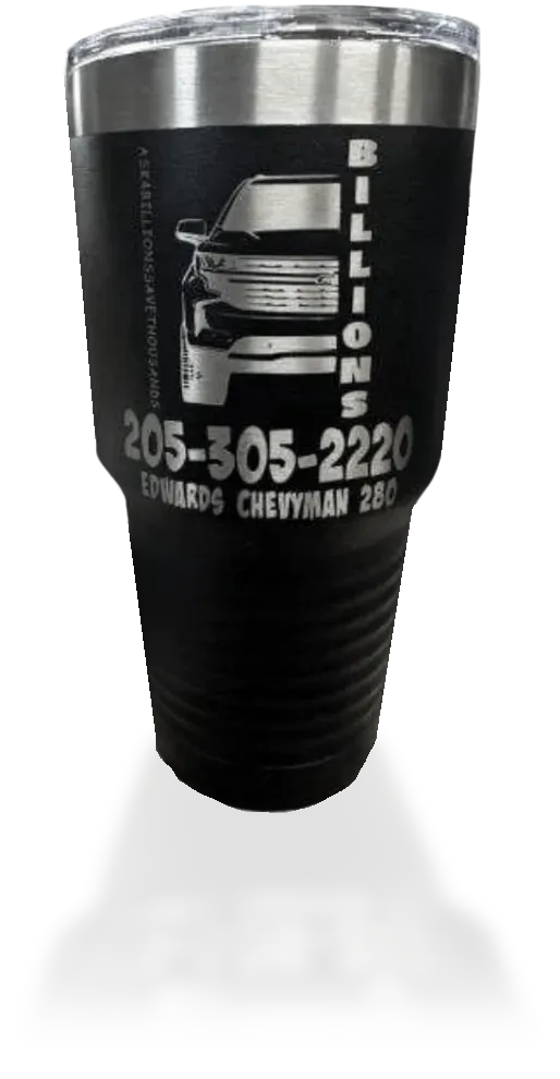 Custom engraved tumbler with the a logo that has a car an 'billions' written on it