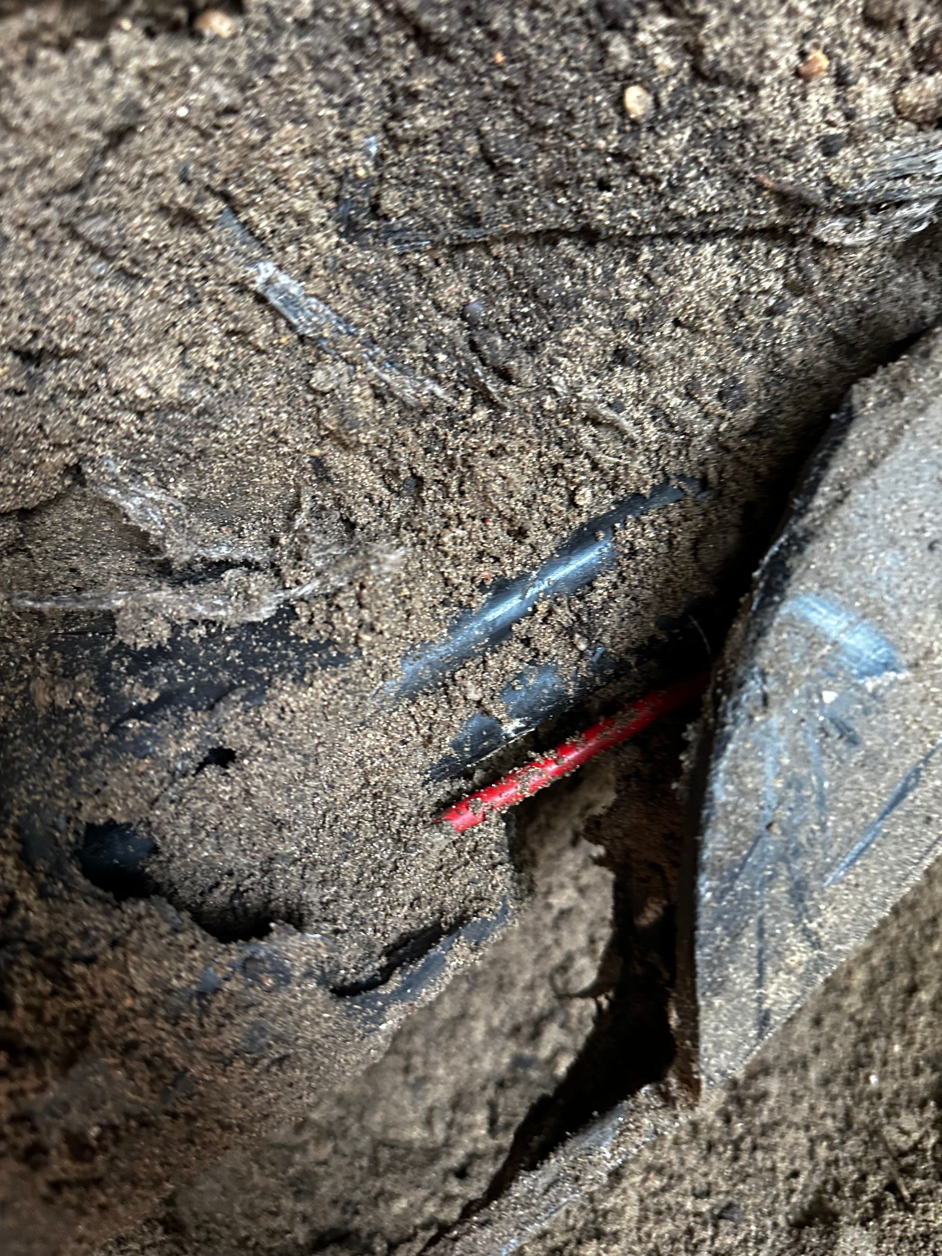 Exposed electrical wires (red, black, and transparent) in sandy soil, near a black pipe.