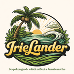 Logo for "IrieLander" featuring a palm tree, tropical beach, and sunset, with the tagline: "Bespoken goods, Jamaican vibe."