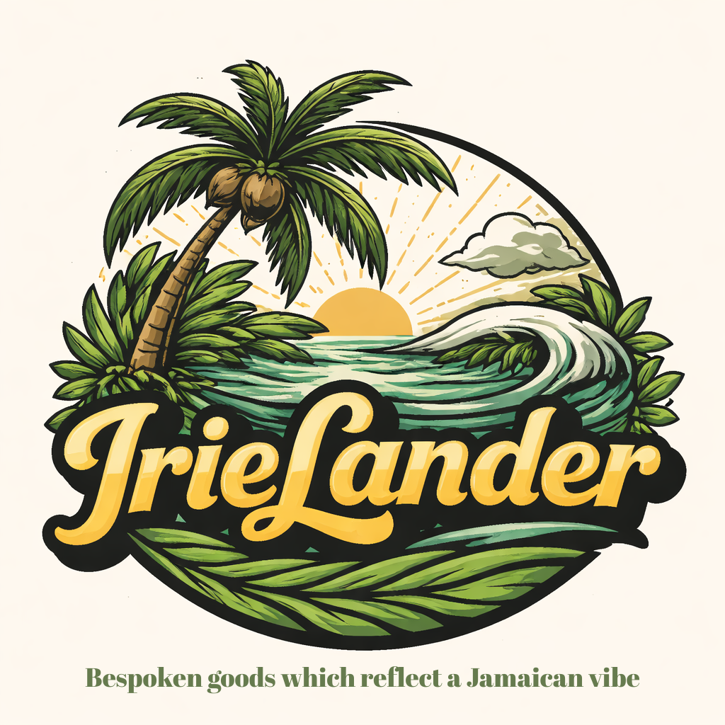Logo for "IrieLander" featuring a palm tree, tropical beach, and sunset, with the tagline: "Bespoken goods, Jamaican vibe."