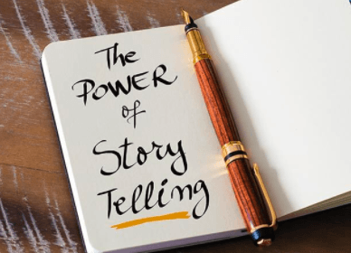 Book with text handwritten: The power of story telling.