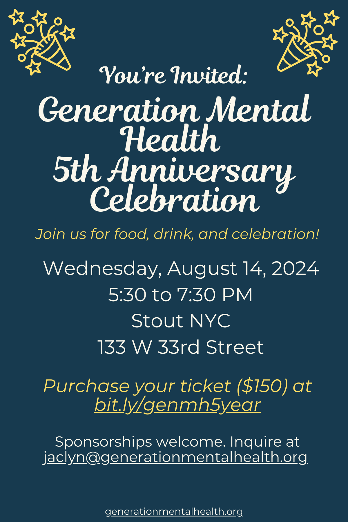 Generation Mental Health 5th Anniversary Celebration
Join us for food, drink, and celebration!
Wednesday August 14, 2024
5:30 to 7:30pm
Stout NYC
133 W 33rd Street
Purchase your ticket ($150) below
Sponsorships welcome. Inquire at jaclyn@generationmentalhealth.org