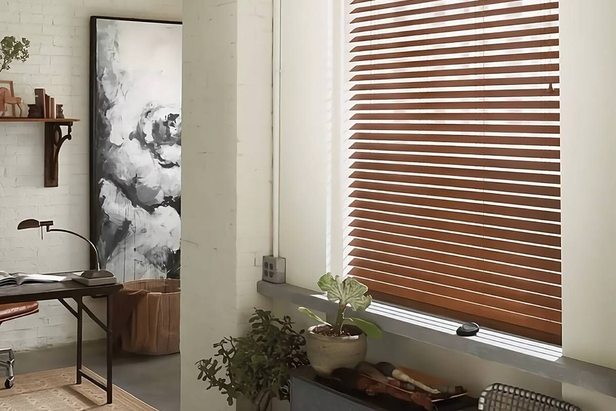 Hunter Douglas EverWood® Faux Wood Blinds in an Industrial Office at Viking Blinds near St. Louis Park, MN