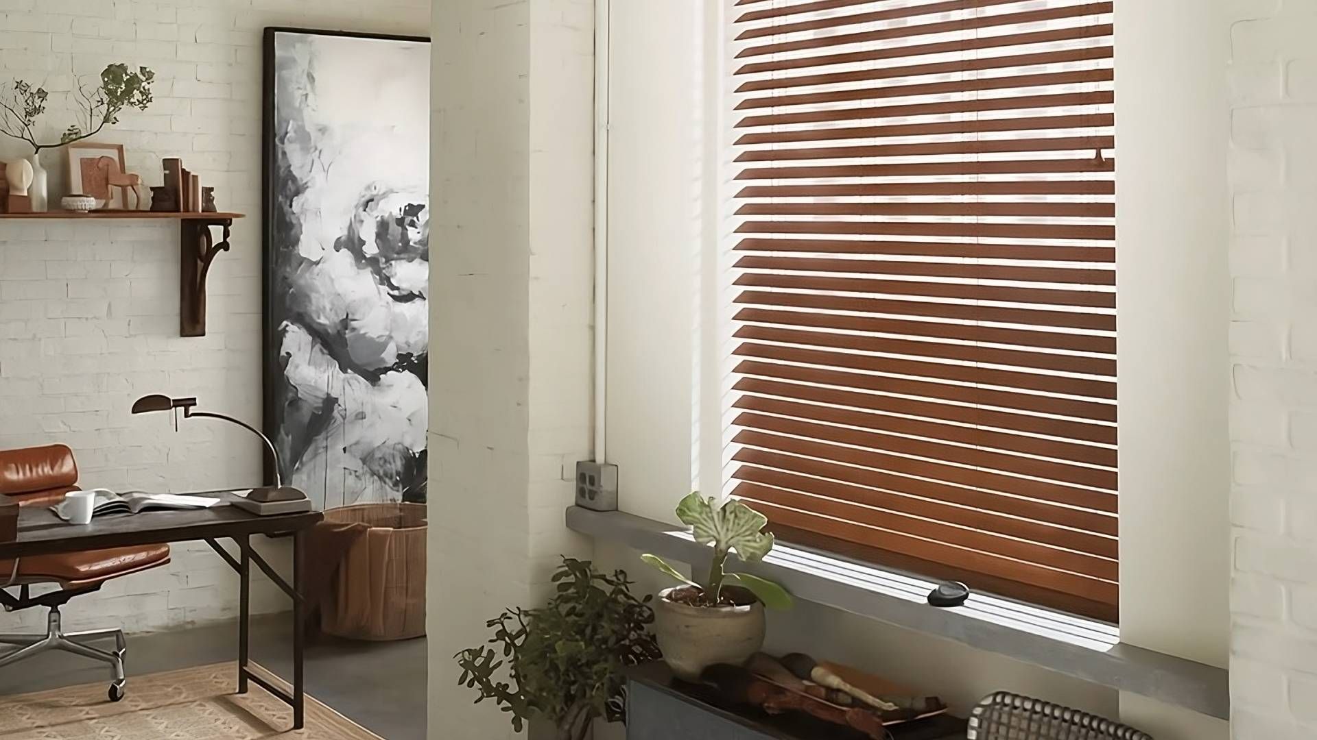 Hunter Douglas EverWood® Faux Wood Blinds in an Industrial Office at Viking Blinds near St. Louis Pa