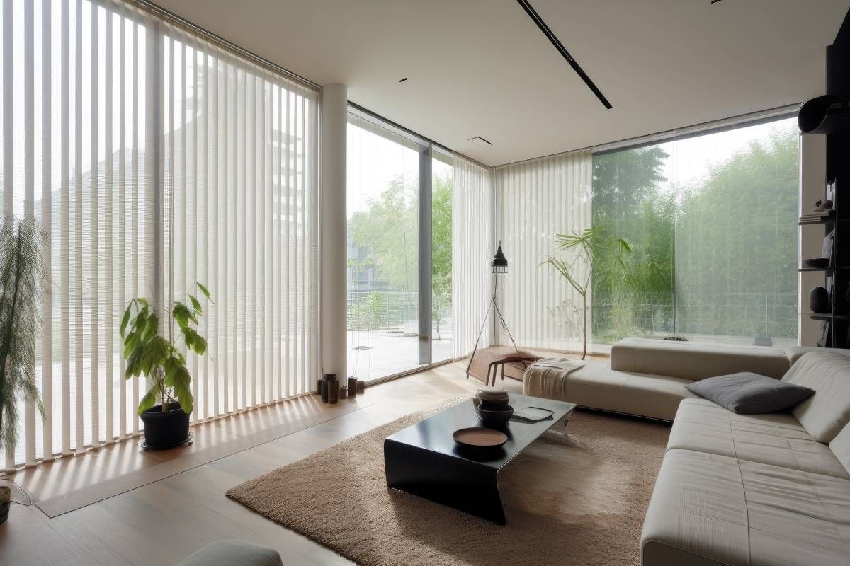 Sliding Glass Door Blinds filtering light in a living room near St. Louis Park, MN