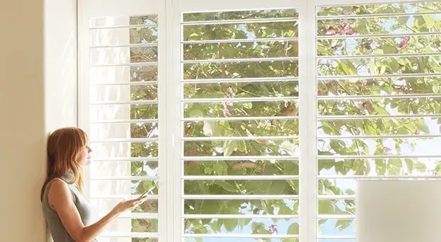 Hunter Douglas Palmbeach™ Polysatin™ Vinyl Shutters in a bathroom