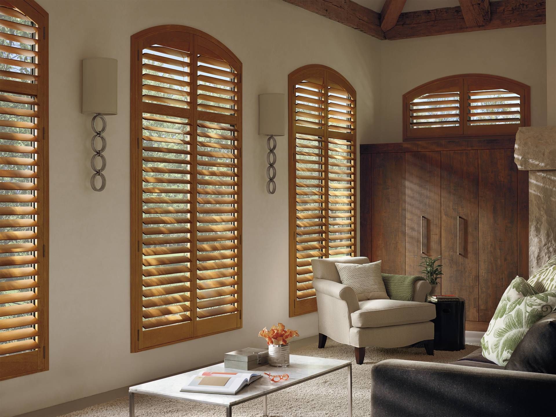 Hunter Douglas arched window shutters in a home near St. Louis Park, MN