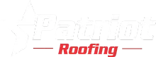 A red and white logo for a roofing company on a white background.