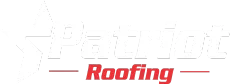 A red and white logo for a roofing company on a white background.
