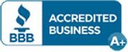 A blue and white badge that says accredited business a+.