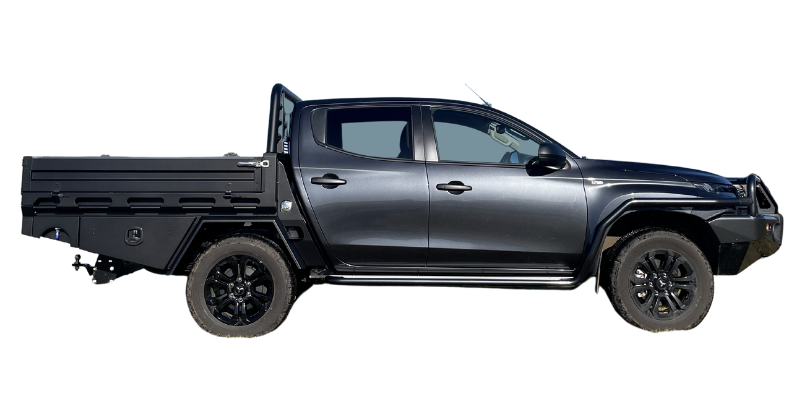 A black pickup truck with a flat bed on a white background.