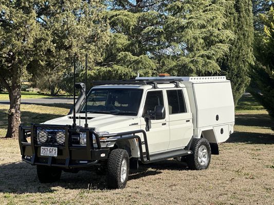 A white truck is parked in a field with trees in the background.