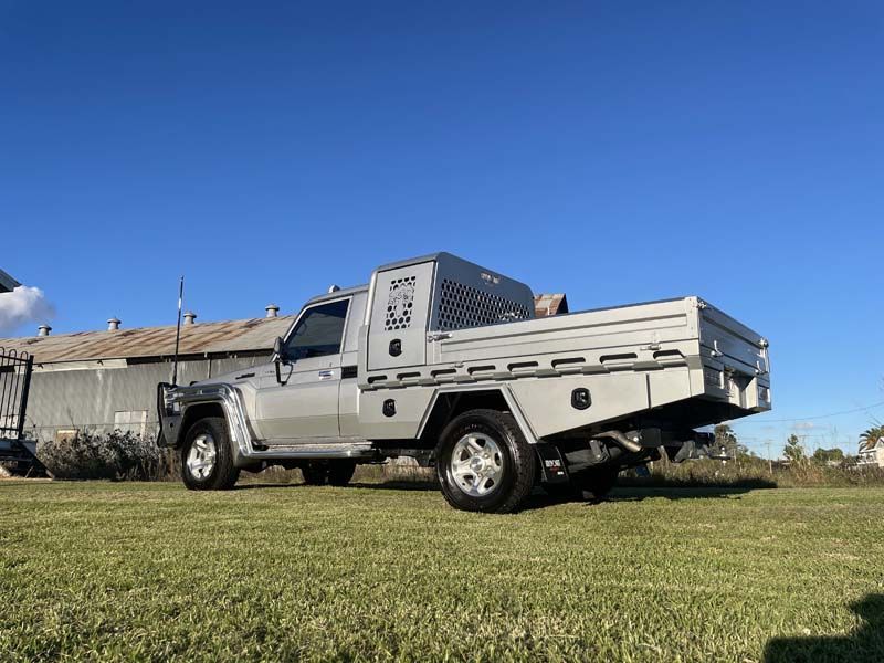 A silver truck is parked in a grassy field.