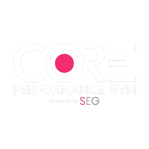 Het logo van CORE Performance Gym met een roze cirkel en de tekst "SEG" op een witte achtergrond.