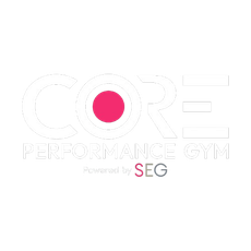 Het logo van CORE Performance Gym met een roze cirkel en de tekst "SEG" op een witte achtergrond.