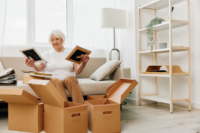 An elderly couple is sitting on the floor in a room with moving boxes.