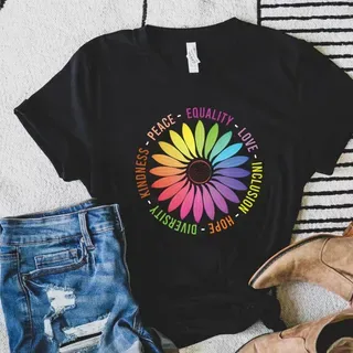 Black t-shirt with a rainbow flower graphic and words: peace, equality, love, inclusion, hope, diversity, and kindness.