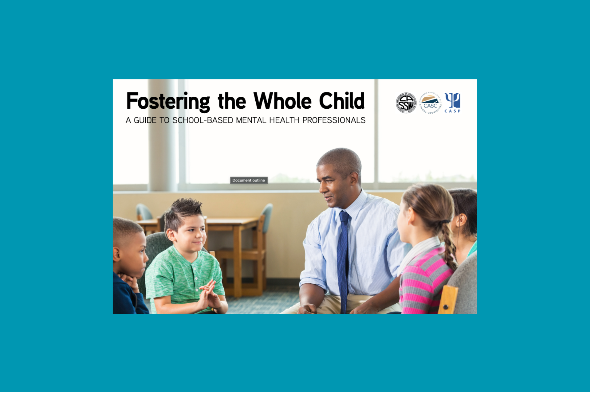 A teacher sits with a small group of children. The title reads 