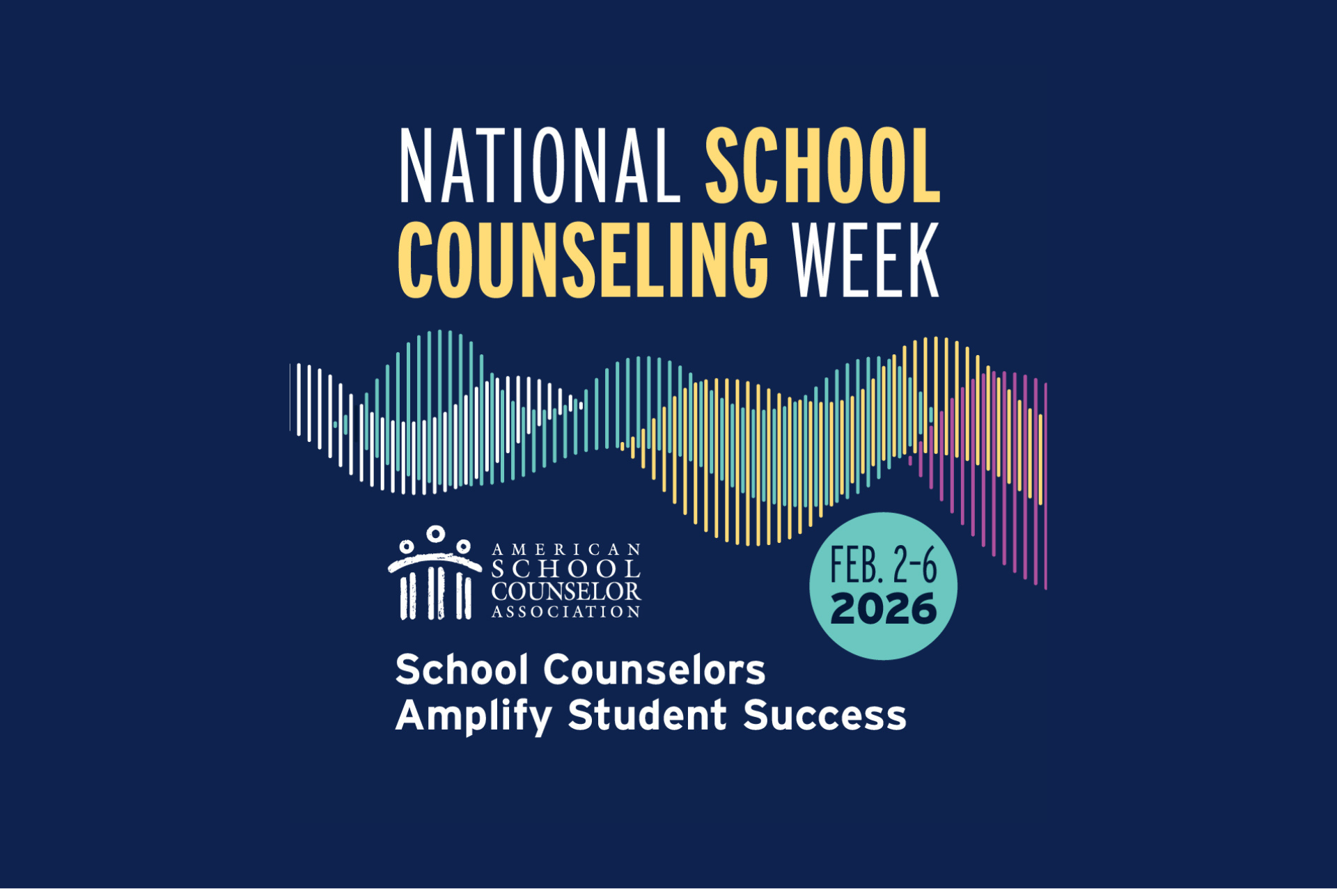 National School Counseling Week graphic: blue background, text and wave design. 