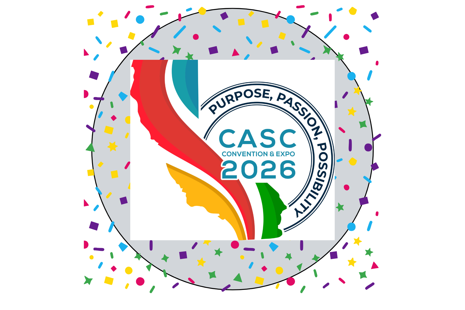 CASC 2026 logo featuring a stylized California map outline in red, gold, and green with the text