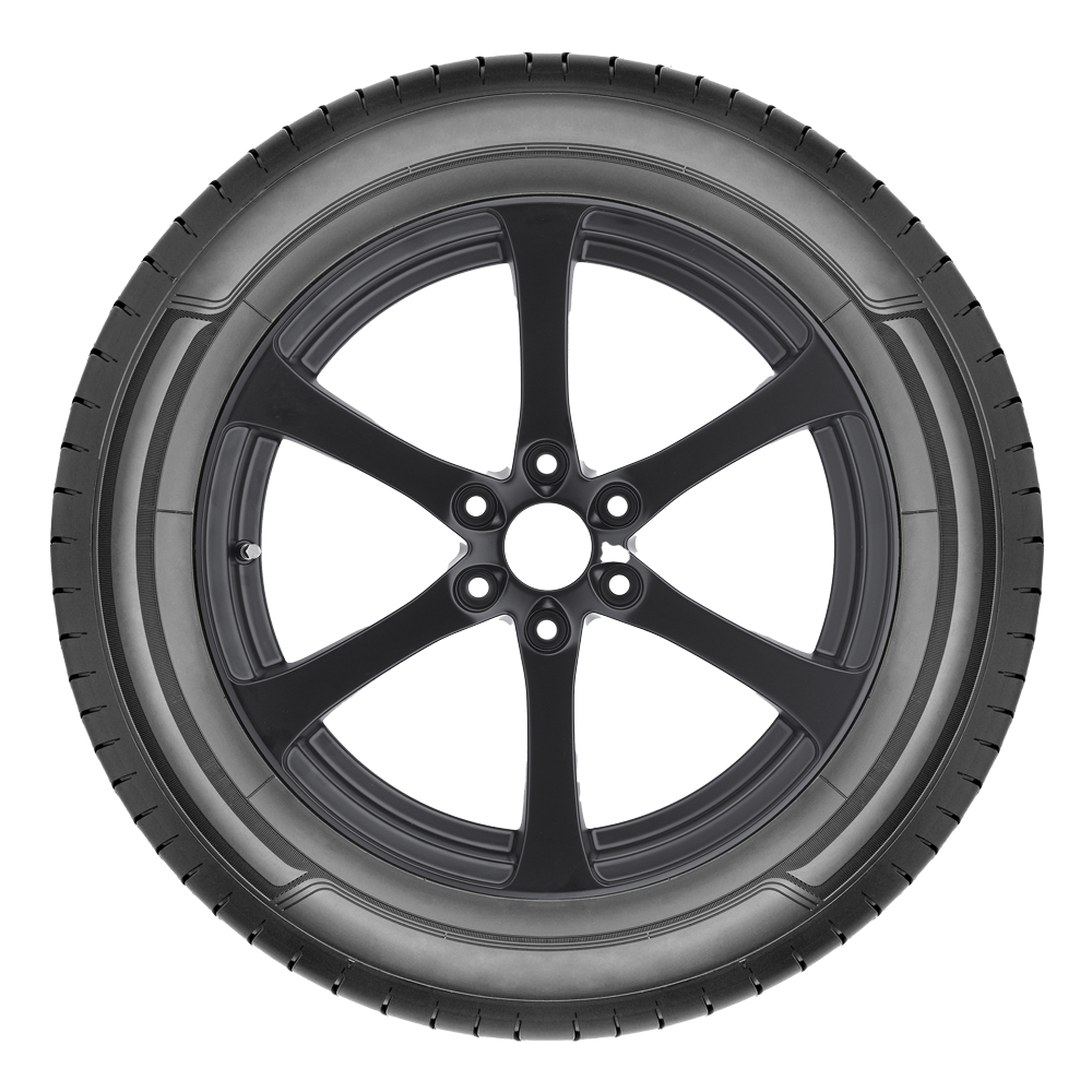 A close up of a black tire on a white background