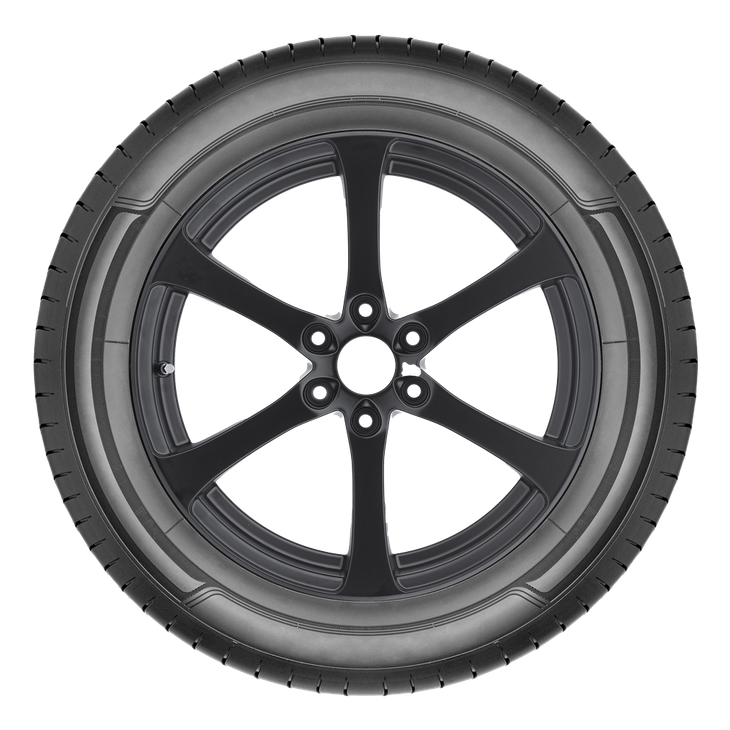 A close up of a black tire on a white background