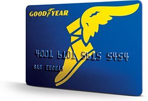 A blue good year credit card with a yellow shoe on it