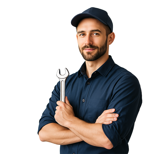 A man in a blue shirt is holding a wrench with his arms crossed