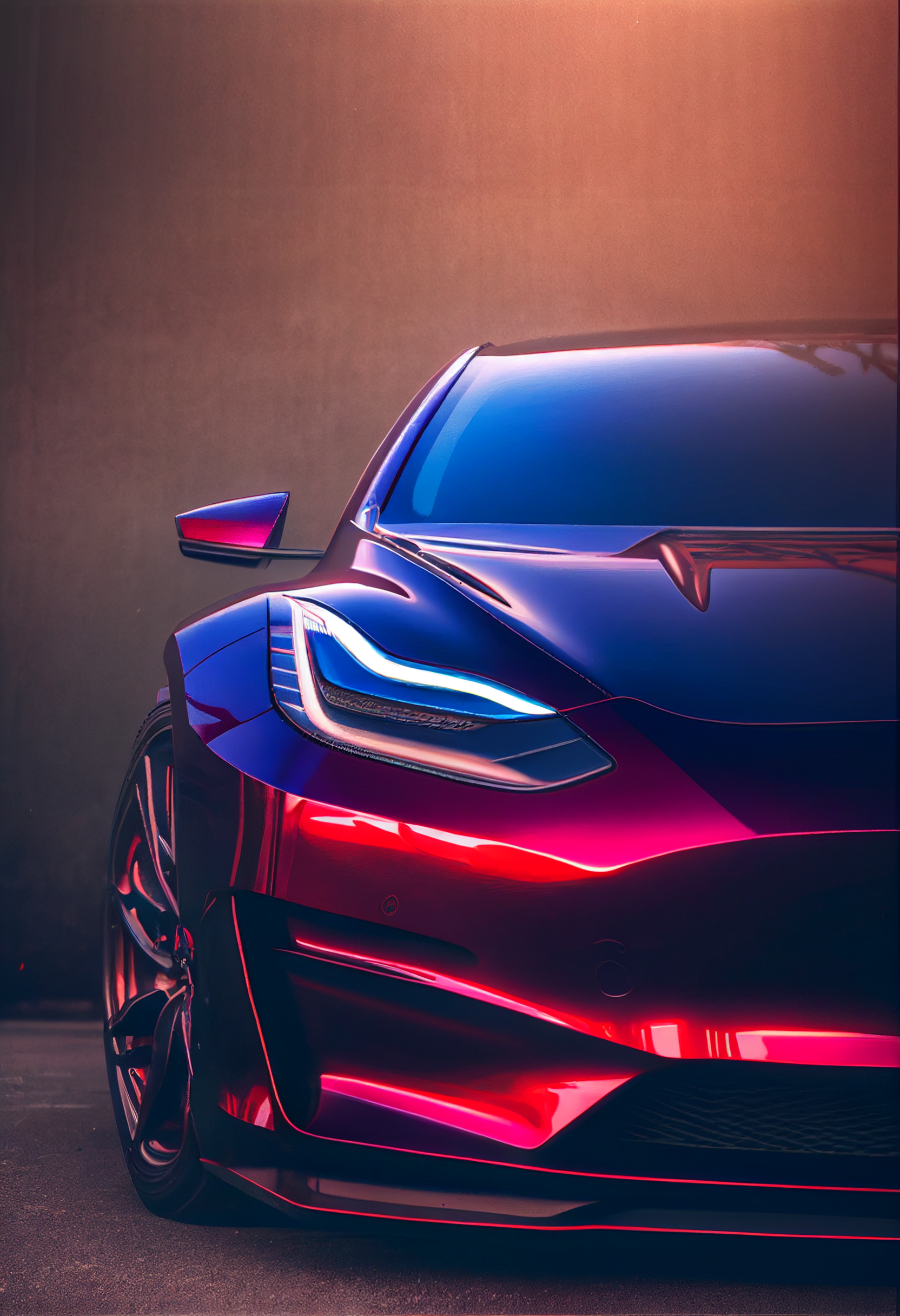 Neon-lit sports car front view with blue and red highlights on a dark background