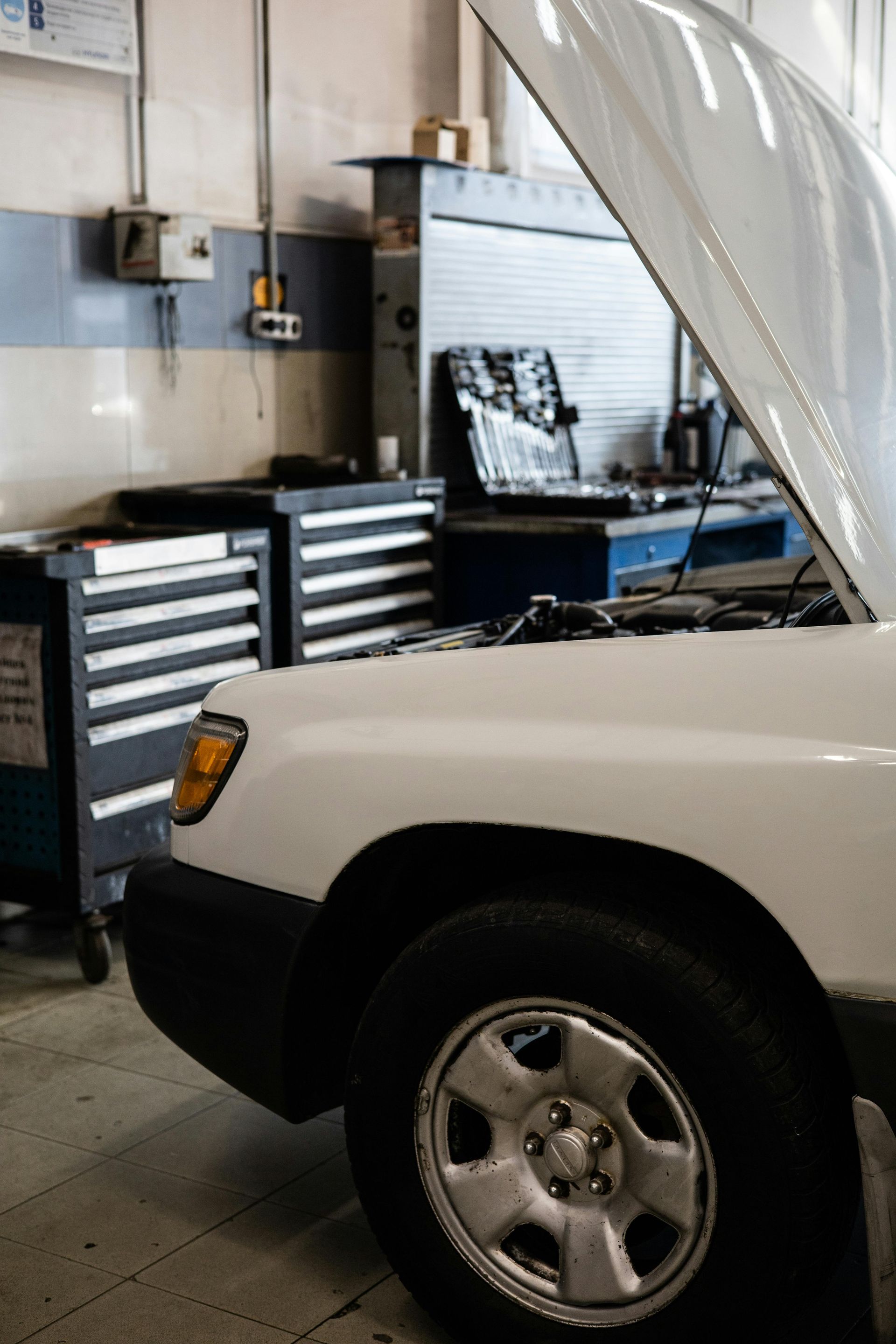 White car with open hood in a mechanic's shop, tools in background.