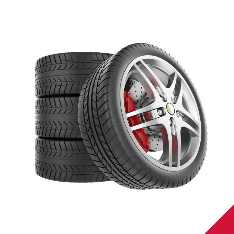 A stack of tires with a red brake on a white background.