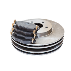 A stack of brake pads and rotors on a white background.