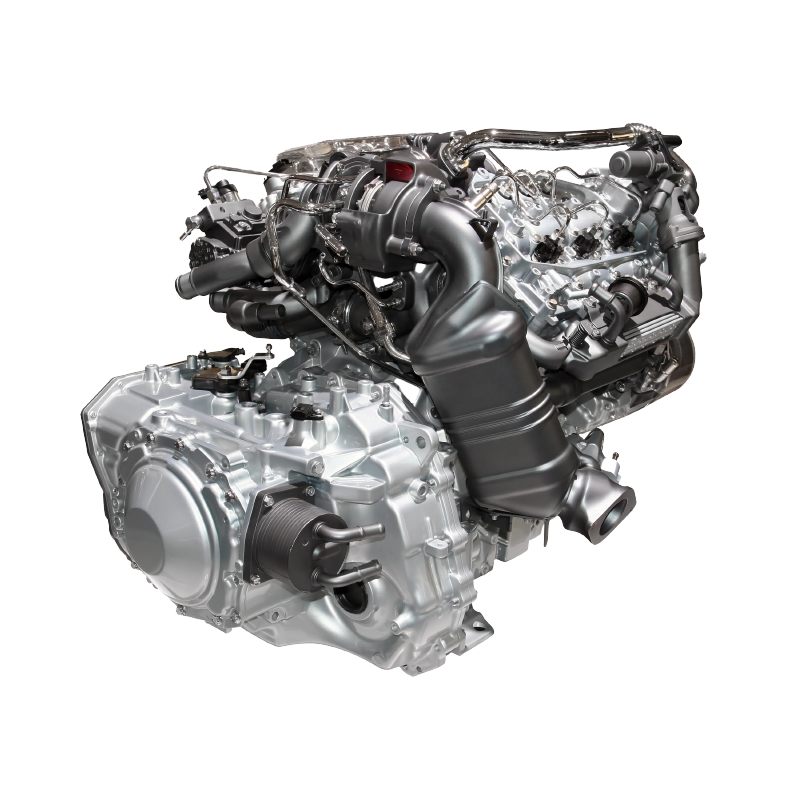 A close up of a car engine on a white background
