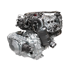 A close up of a car engine on a white background
