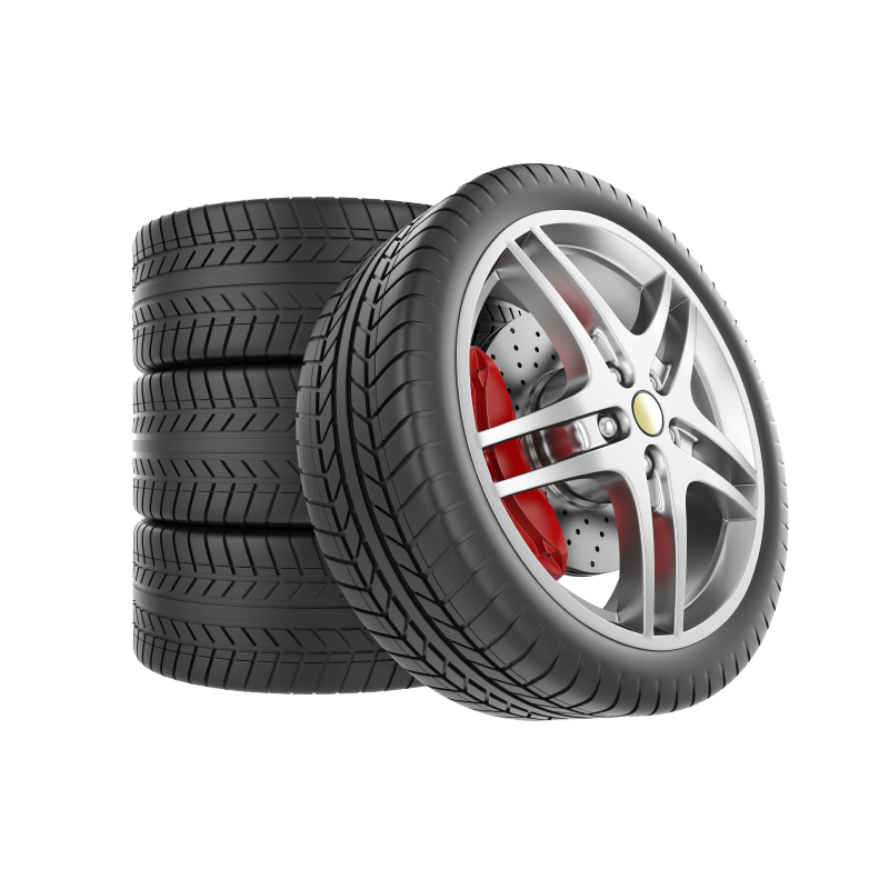 A stack of tires with a red brake on a white background.