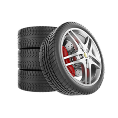 A stack of tires with a red brake on a white background.