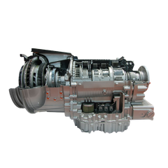 A model of a diesel engine cut in half on a white background.