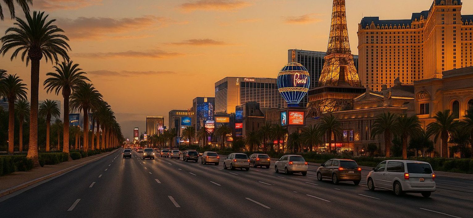 A busy city street with cars driving down it at sunset.