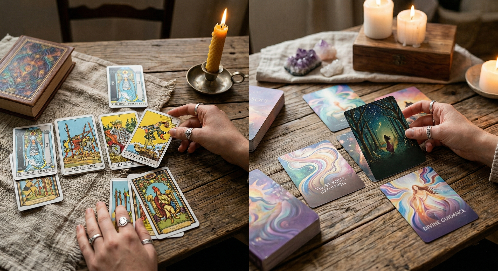 Split view of hands laying out tarot cards on a rustic wooden table with lit candles and crystals in a mystical setting.