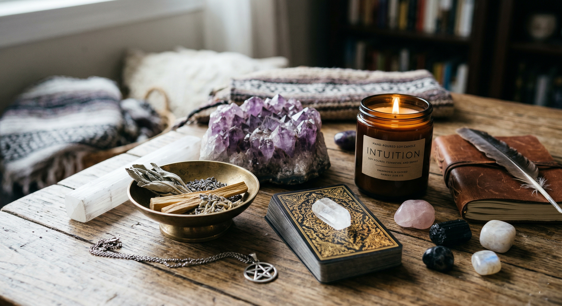 A collection of crystals, a lit candle, a tarot deck, and a leather notebook on a rustic wooden table.