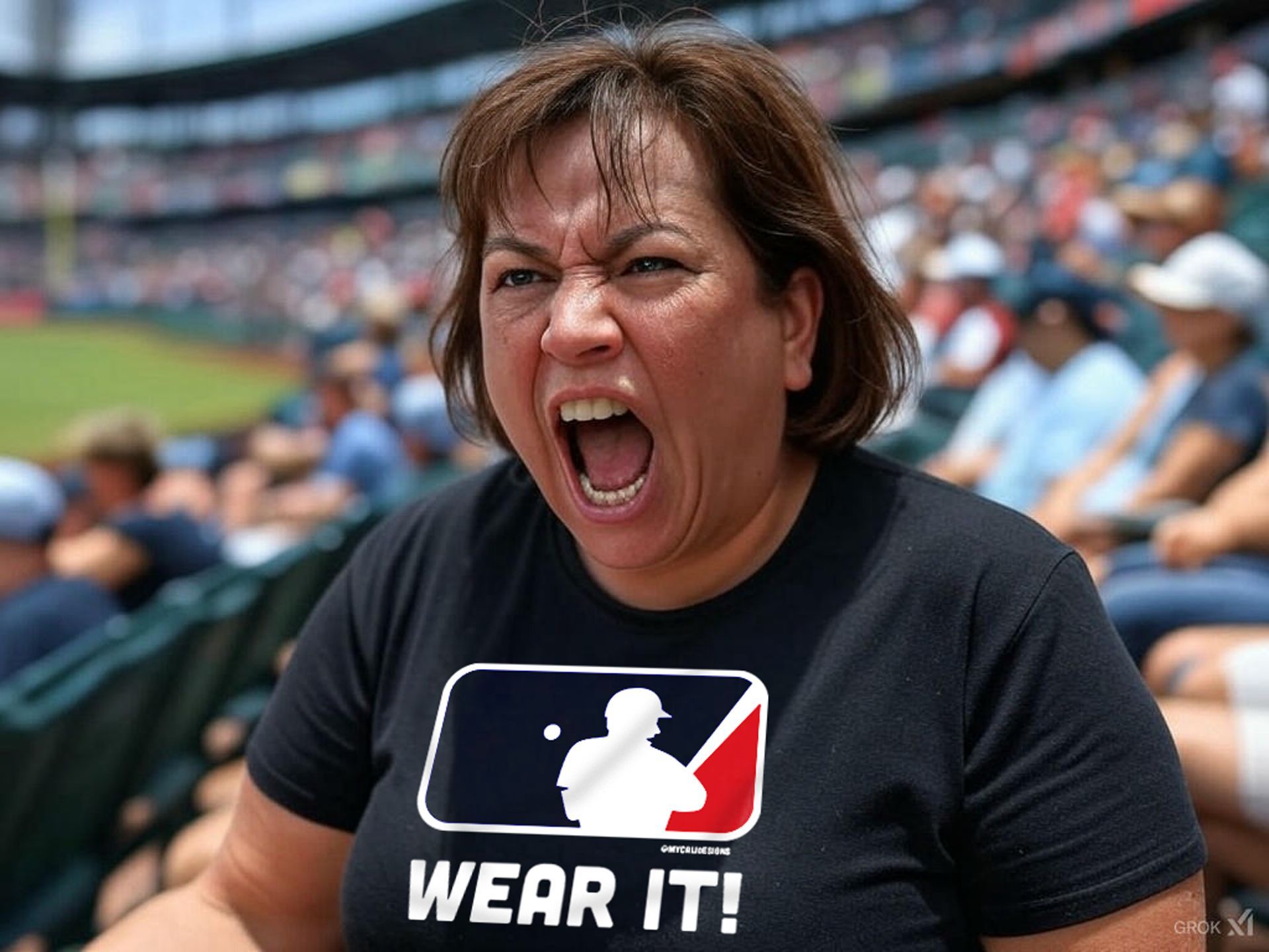 A woman wearing a black shirt that says wear it