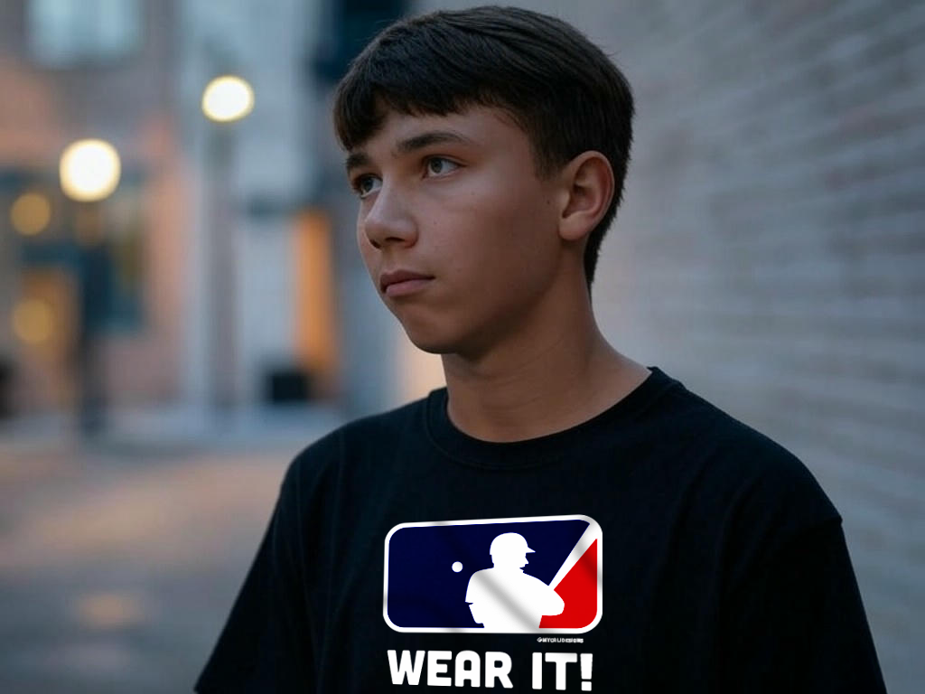 A boy wearing a t-shirt that says wear it