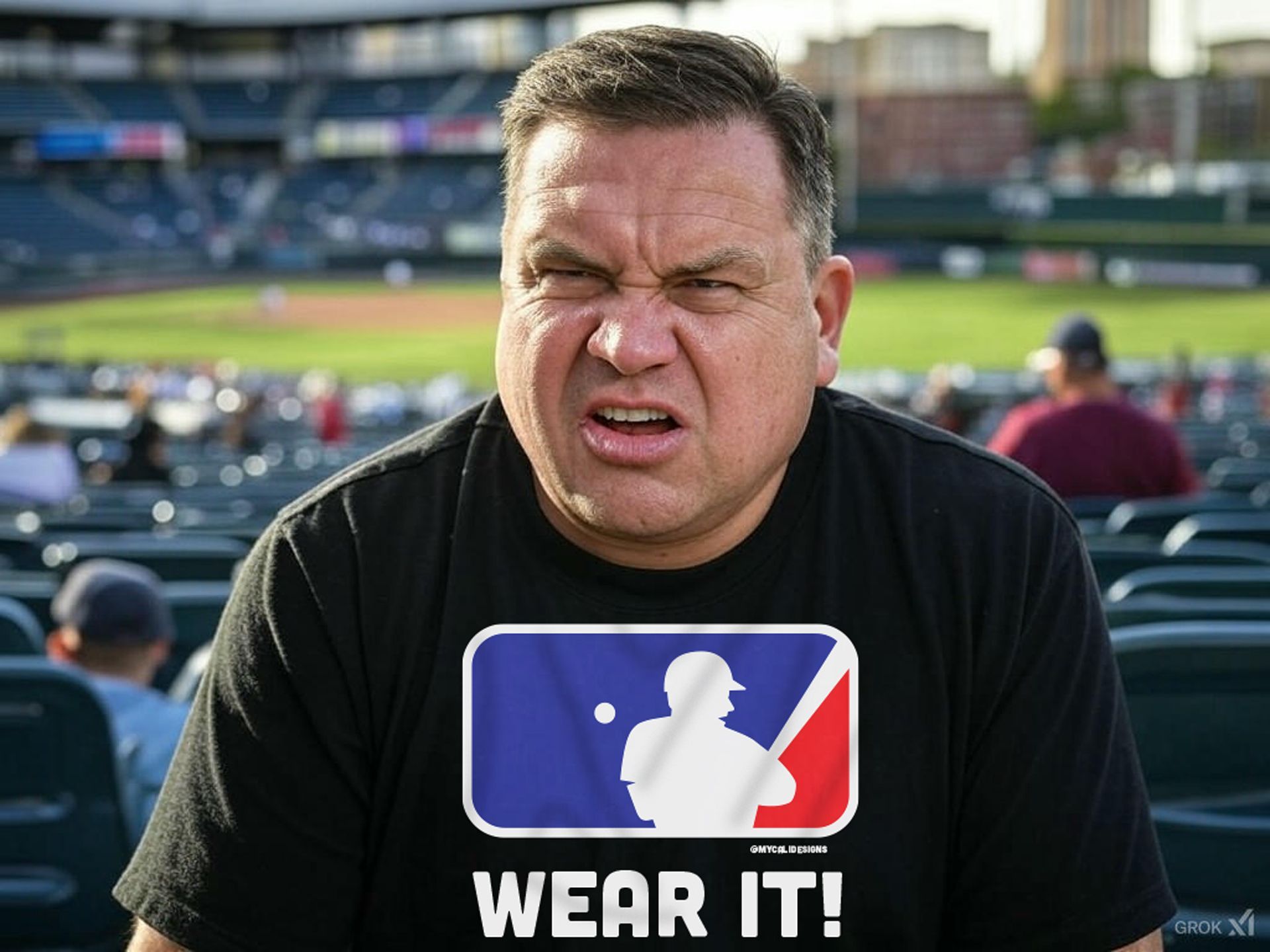 A man wearing a t-shirt that says wear it